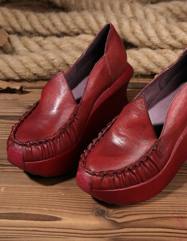 Handgefertigte Plissierte Elegante Retro-keilschuhe Aus Leder