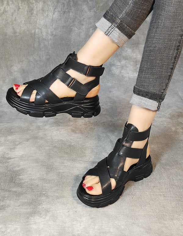 Handgefertigte Retro-leder-plateau-sandalen