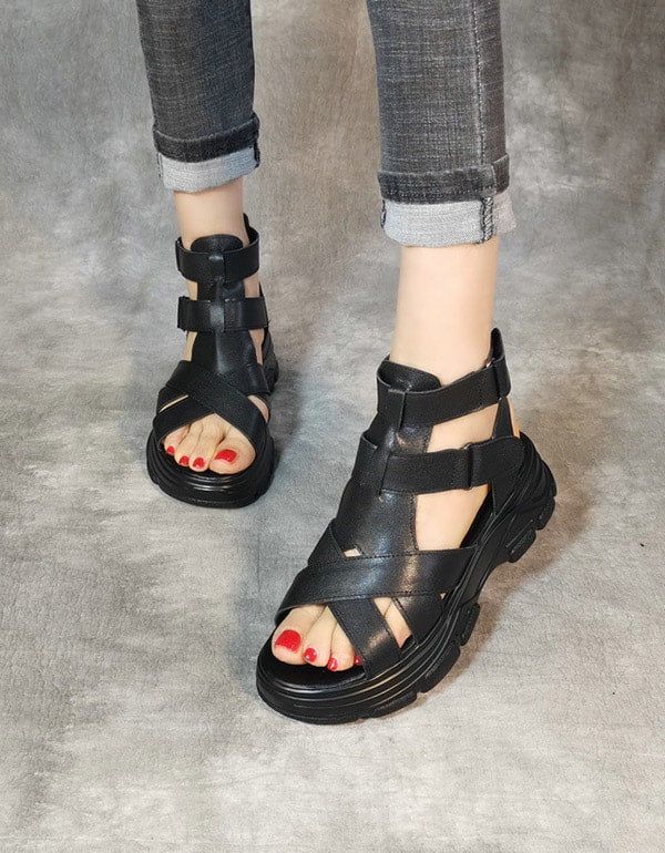 Handgefertigte Retro-leder-plateau-sandalen