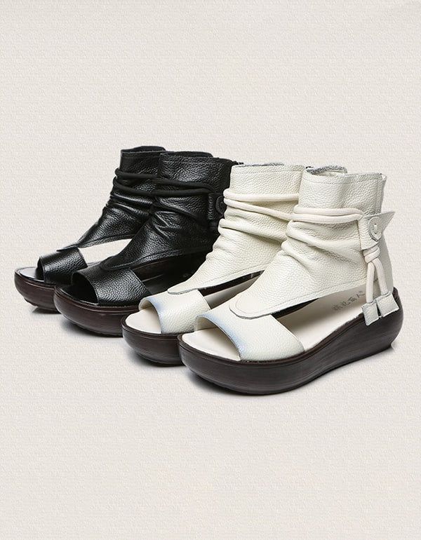 Handgefertigte Retro-sandalen Aus Leder Mit Keilabsatz Für Damen