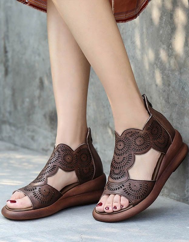 Offene Sommer-keilsandalen Aus Leder Im Retro-stil