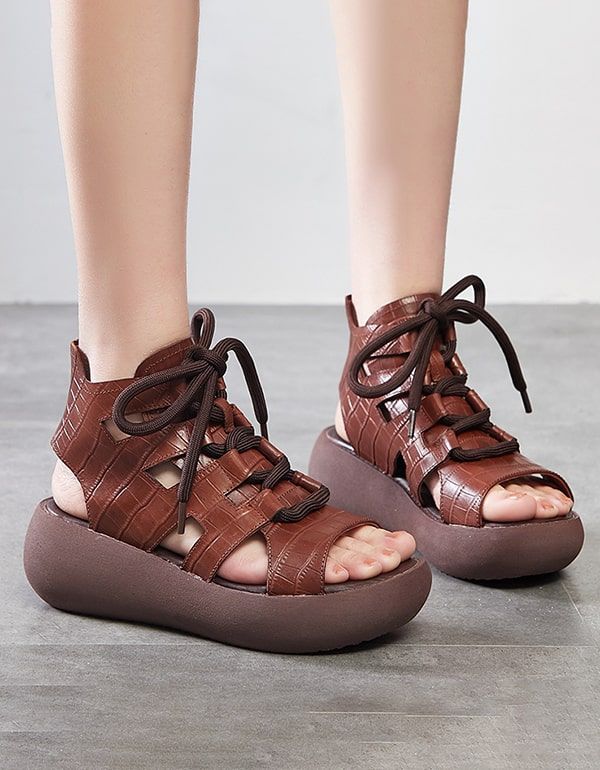 Retro-keilsandalen Zum Schnüren Mit Cut-out-vorderseite Für Damen