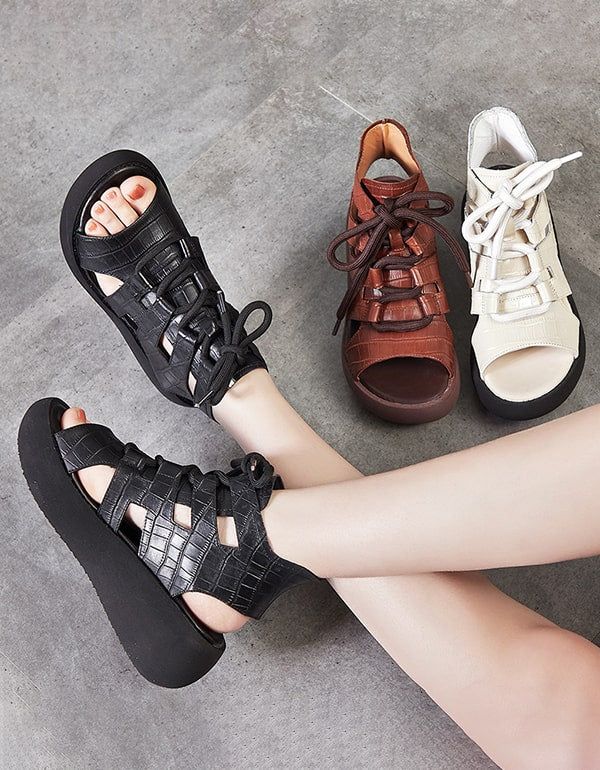 Retro-keilsandalen Zum Schnüren Mit Cut-out-vorderseite Für Damen