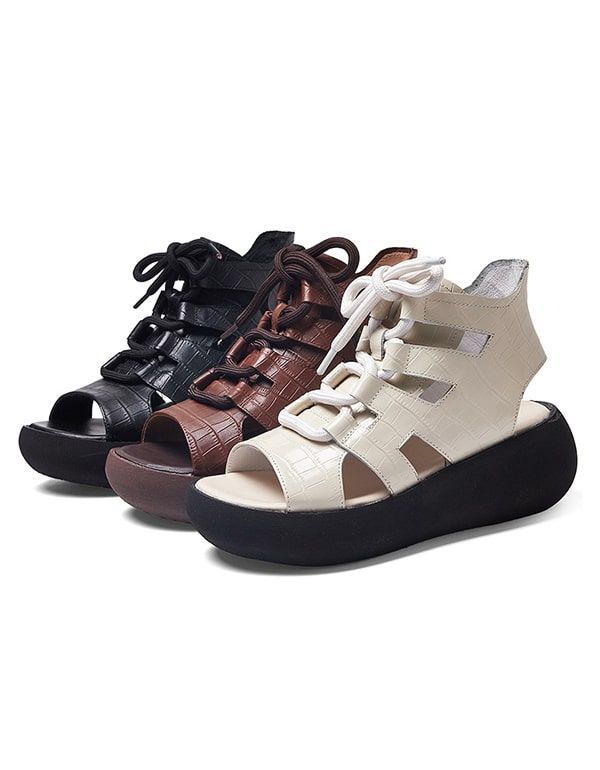 Retro-keilsandalen Zum Schnüren Mit Cut-out-vorderseite Für Damen