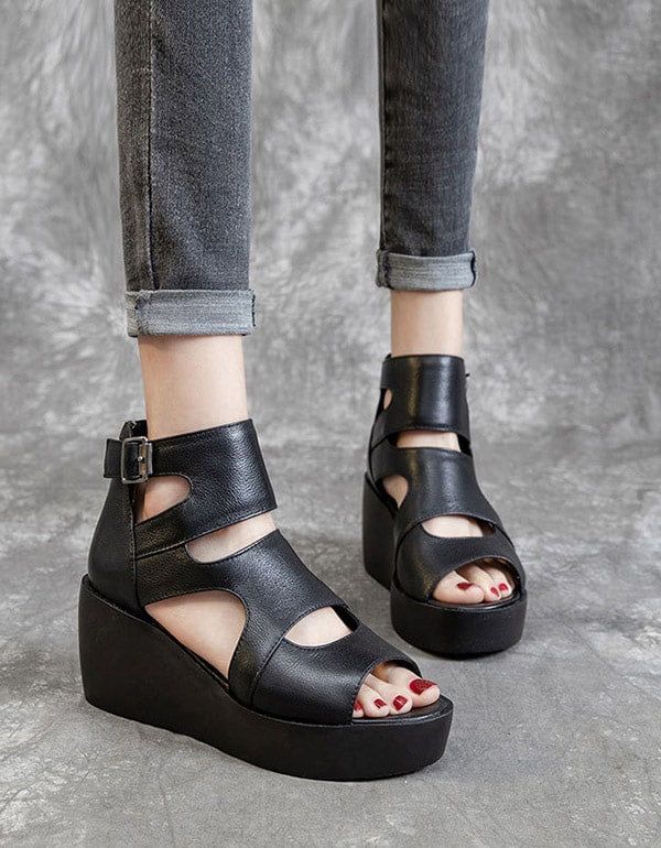 Sommer Leder Open Toe Schwarze Keilsandalen 42