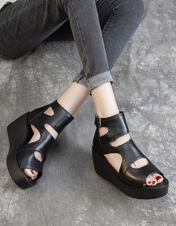 Sommer Leder Open Toe Schwarze Keilsandalen 42