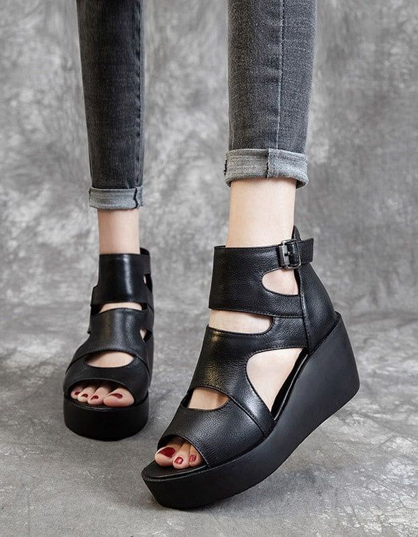 Sommer Leder Open Toe Schwarze Keilsandalen 42