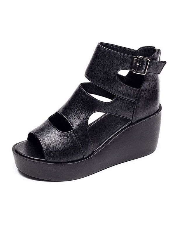 Sommer Leder Open Toe Schwarze Keilsandalen 42