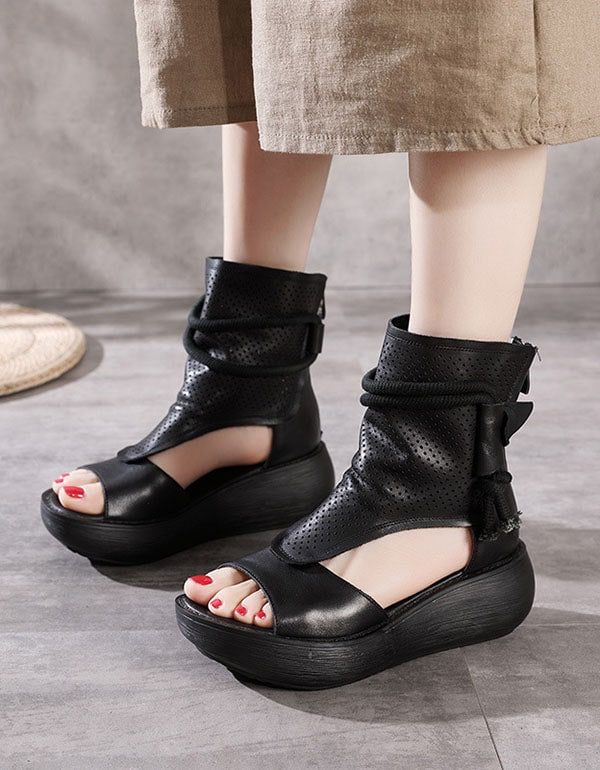 Sommer Open Toe Side Hollow Ledersandalen