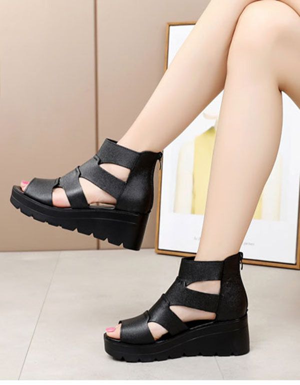 Sommerledersandalen Keilabsatz Schwarz