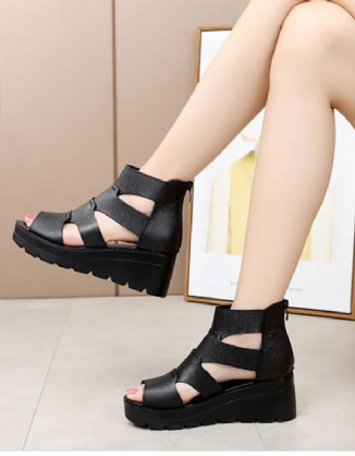 Sommerledersandalen Keilabsatz Schwarz