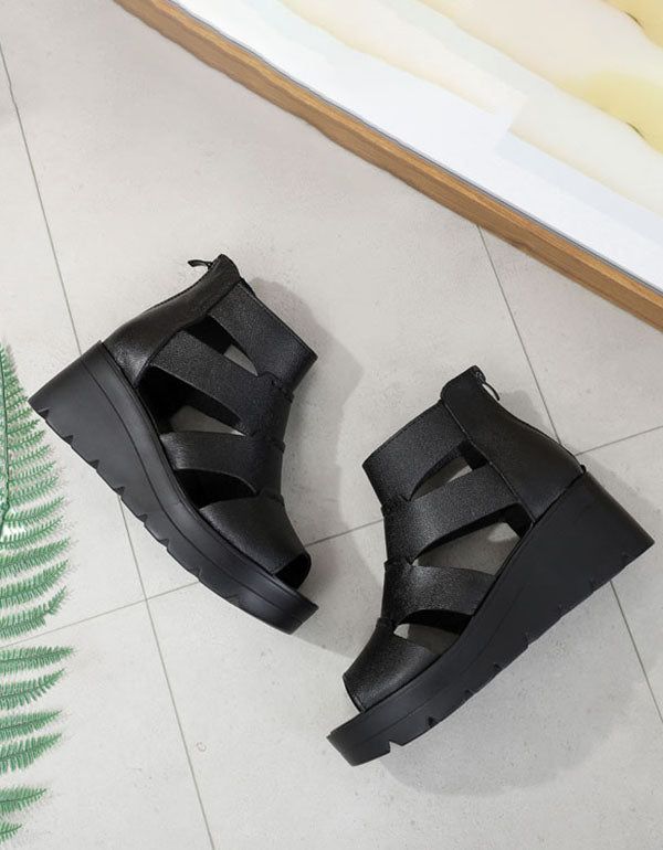 Sommerledersandalen Keilabsatz Schwarz