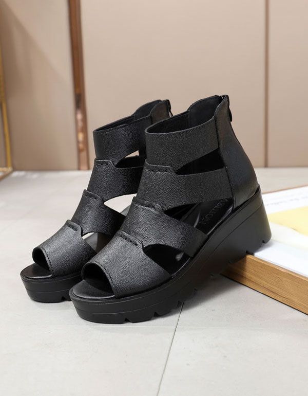 Sommerledersandalen Keilabsatz Schwarz