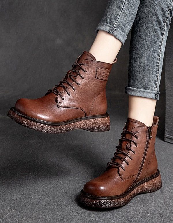 Handgefertigte Retro-stiefel Mit Rundem Kopf Für Damen