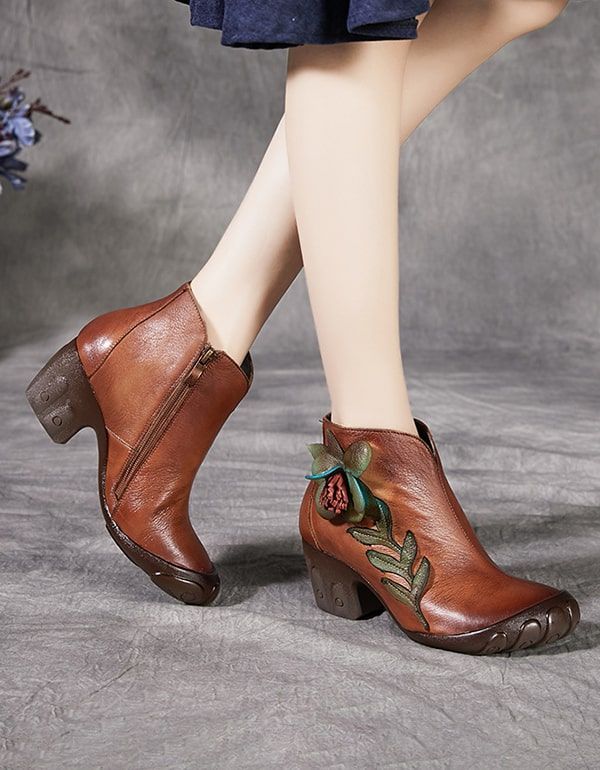 Handgemachte Elegante Klobige Blumen-retro-stiefel