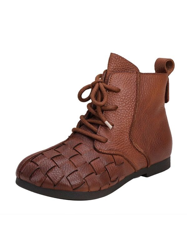 Herbst Winter Handgefertigte Retro-stiefeletten Aus Gewebtem Leder