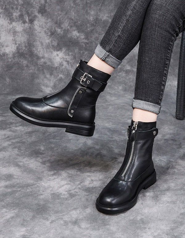 Herbst-winter-leder-reißverschluss-punk-stiefel Schwarz