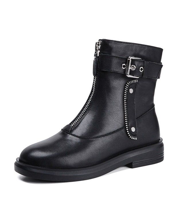 Herbst-winter-leder-reißverschluss-punk-stiefel Schwarz