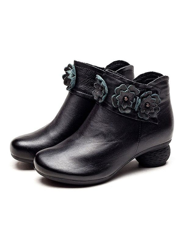 Herbst-winter-retro-leder-blumen-klobige Schuhe