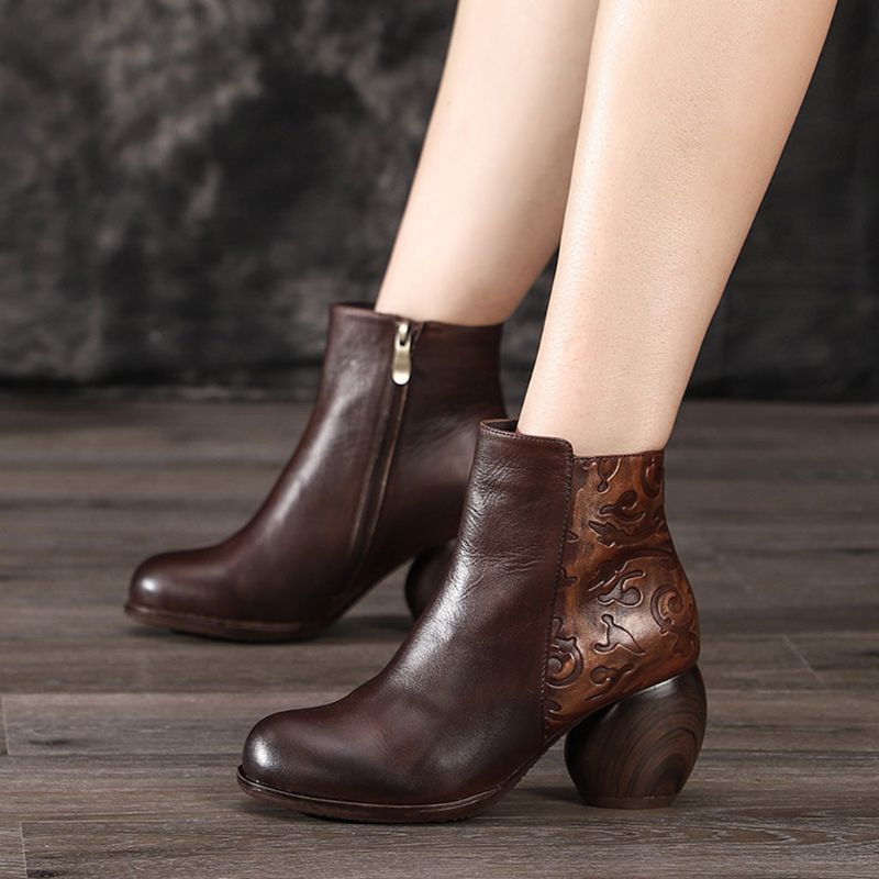 Herbst Winter Retro Leder Chunky Heels Stiefeletten