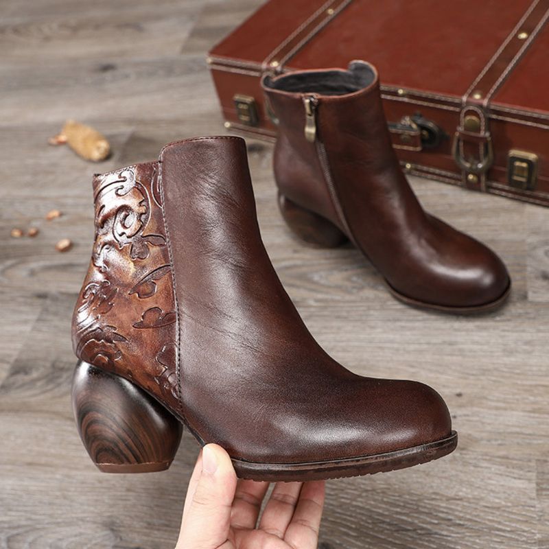 Herbst Winter Retro Leder Chunky Heels Stiefeletten