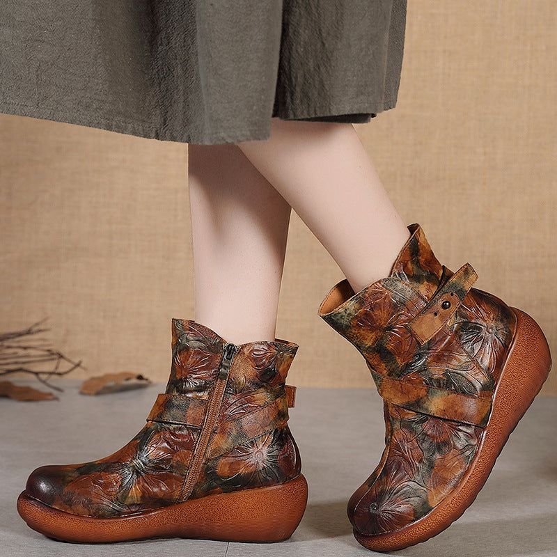 Herbst-winter-retro-stiefel Mit Dickem Boden Und Blumenmuster Für Damen