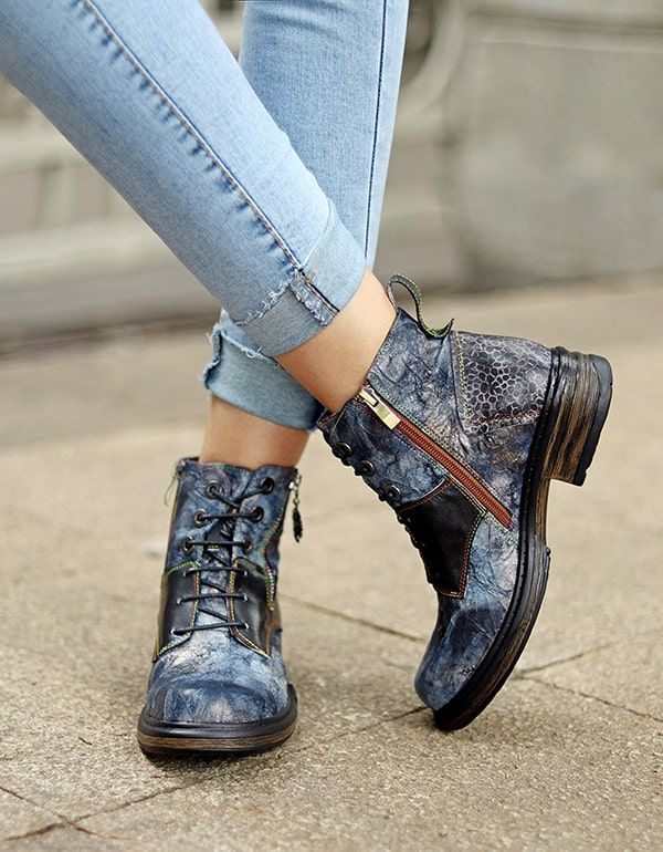 Herbstliche Handgefertigte Lederstiefeletten Mit Retro-print