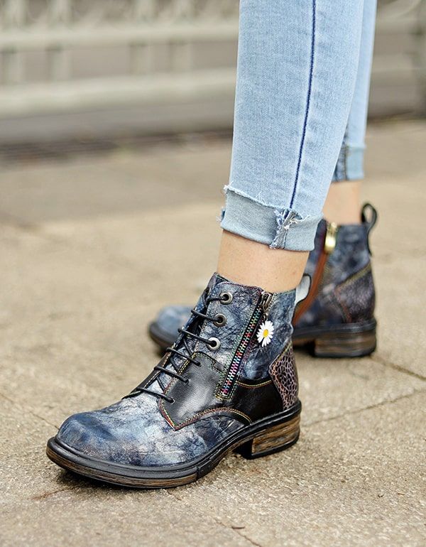 Herbstliche Handgefertigte Lederstiefeletten Mit Retro-print