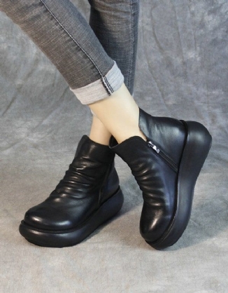 Retro-leder-plüsch-damen-keilstiefel