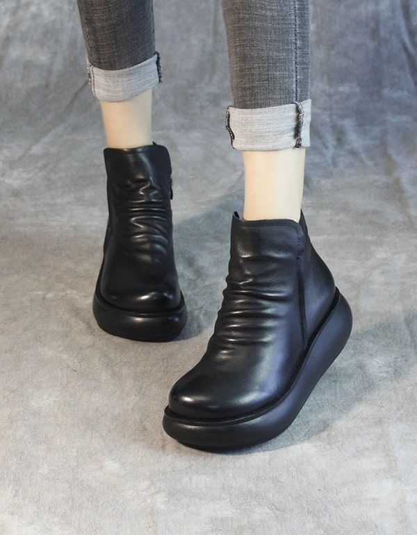 Retro-leder-plüsch-damen-keilstiefel