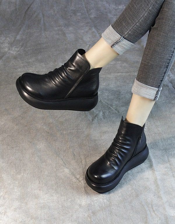 Retro-leder-plüsch-damen-keilstiefel