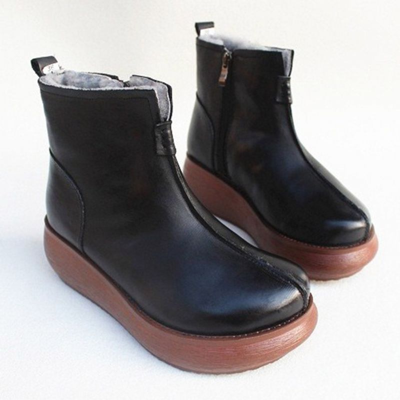 Retro-leder-winter-pelzinnenstiefel Mit Keilabsatz | Geschenk Schuhe