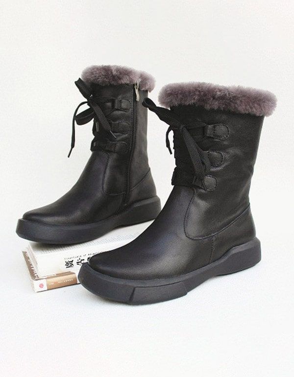 Retro-leder-winterstiefel Zum Schnüren Aus Schafsfell