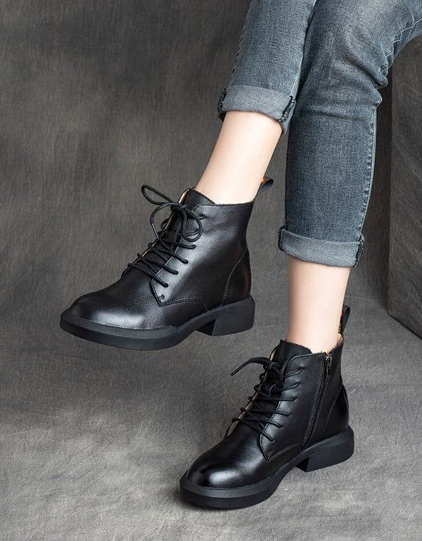 Retro-lederstiefeletten Zum Schnüren Für Damen