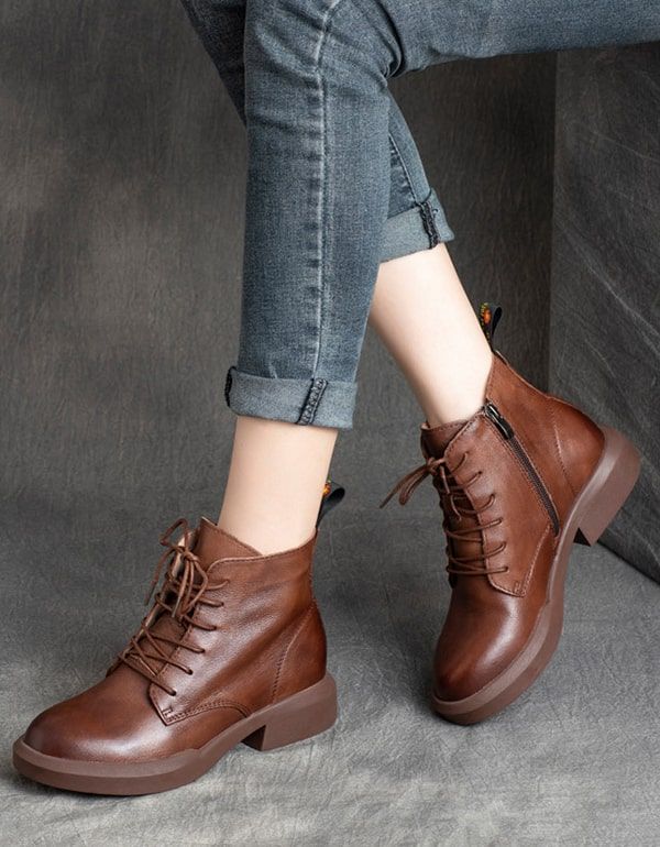 Retro-lederstiefeletten Zum Schnüren Für Damen