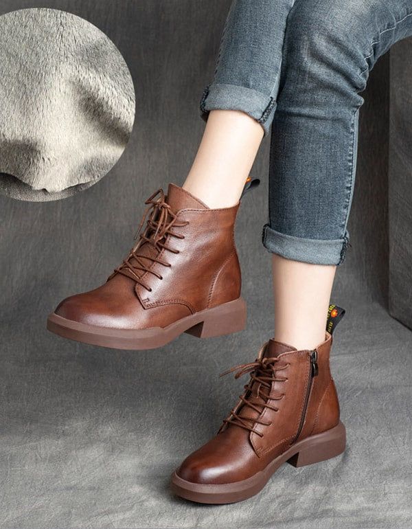 Retro-lederstiefeletten Zum Schnüren Für Damen