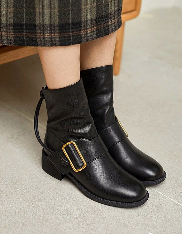 Weite Lederschnallen-stiefeletten Für Damen