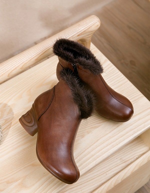 Elegante Klobige Winterstiefel Aus Plüsch-retro-leder