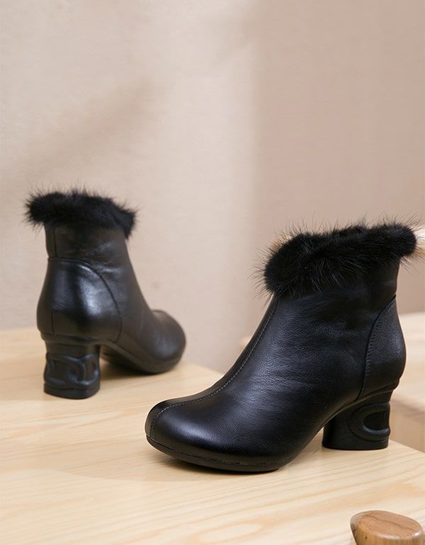 Elegante Klobige Winterstiefel Aus Plüsch-retro-leder