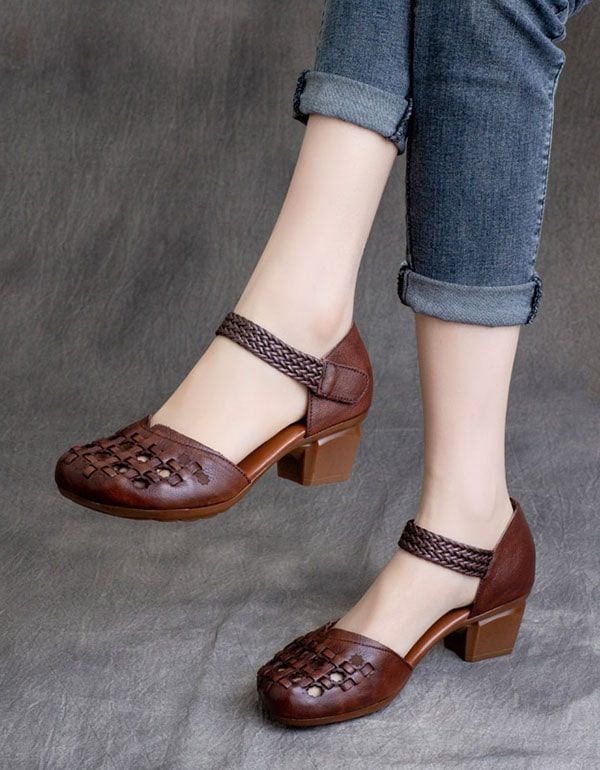 Frühling Retro-leder Handgefertigte Gewebte Chunky Heels Schuhe