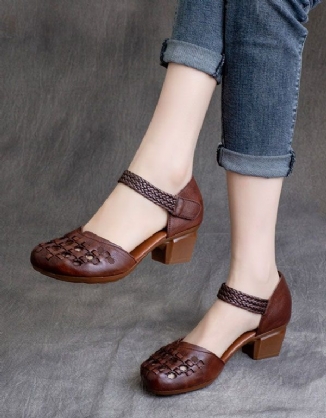 Frühling Retro-leder Handgefertigte Gewebte Chunky Heels Schuhe