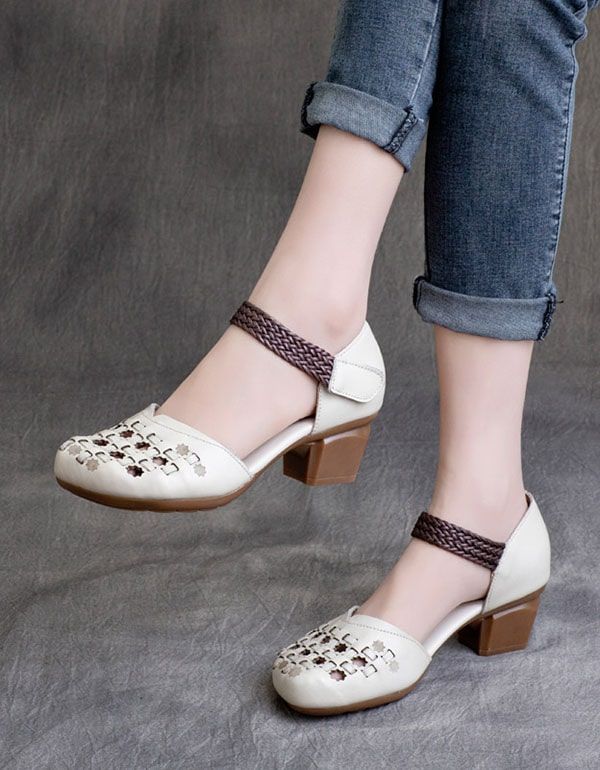 Frühling Retro-leder Handgefertigte Gewebte Chunky Heels Schuhe