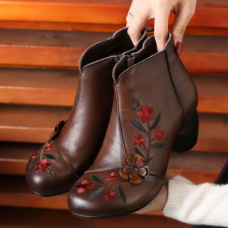 Gestickte Blumen Retro Chunky Boots Damen