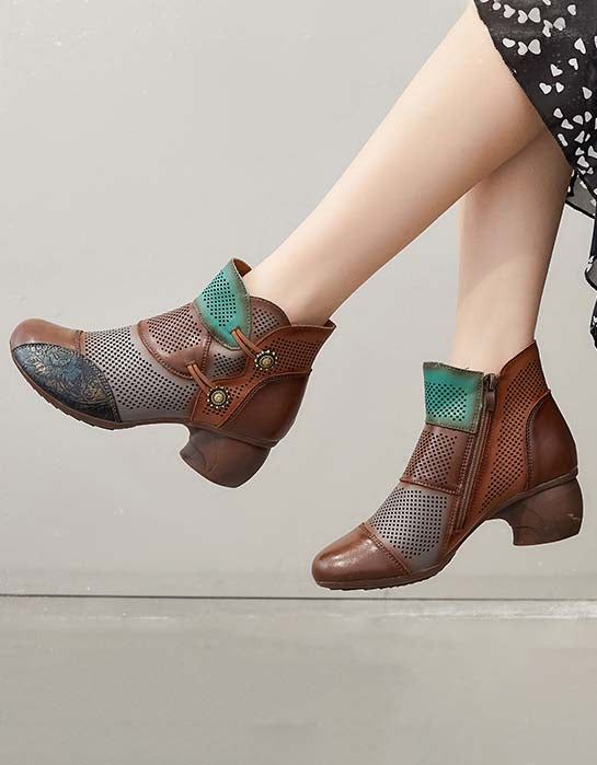 Handgefertigte Hohle Klobige Vintage-booties In Farbblock-optik