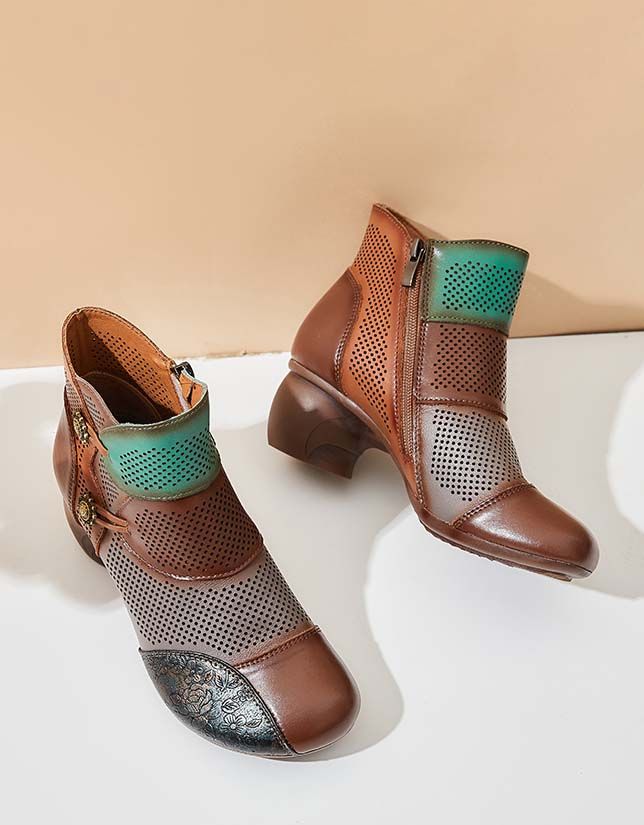 Handgefertigte Hohle Klobige Vintage-booties In Farbblock-optik