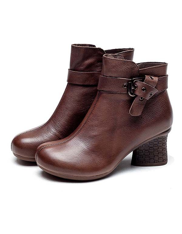 Handgefertigte Klobige Retro-lederstiefel Mit Knöchelriemen