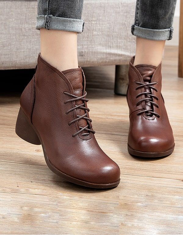 Handgefertigte Retro-leder-chunky-damenstiefel