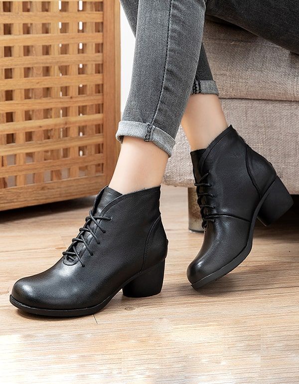 Handgefertigte Retro-leder-chunky-damenstiefel