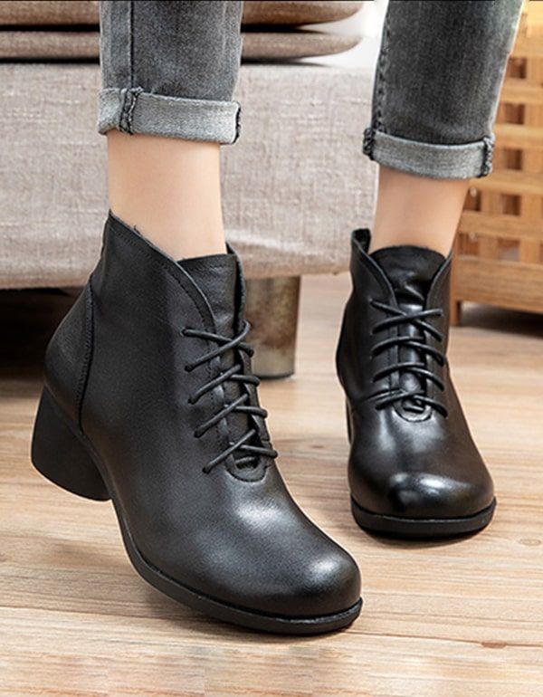 Handgefertigte Retro-leder-chunky-damenstiefel