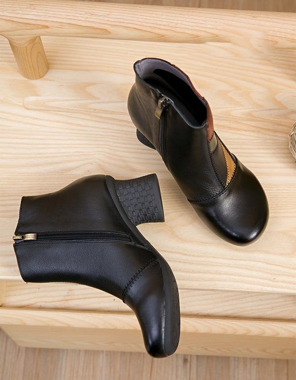 Handgemachte Klobige Retro-lederstiefel Für Damen